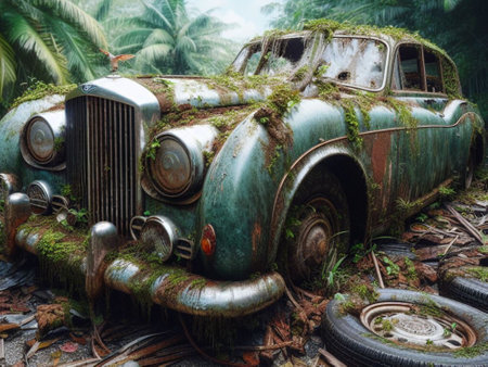Abandoned rusty expensive atmospheric deluxe sedan car limo as circulation banned for co2 emission 2030 agenda , severe damage, broken parts, plants overgrowth bloom flowers. ai generatedの素材