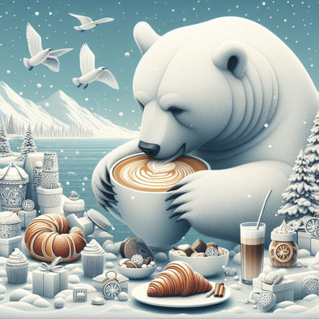 Surreal quirky scene of a polar bear enjoying cappuccino latte, espresso coffee, cakes, croissants, sweets and pastries in a stylized wintery setting in the arctic, ai generatedの素材