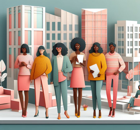 This image depicts a diverse group of professionals in a brightly lit, contemporary office environment, collaborating and working individually at their desks ai generatedの素材