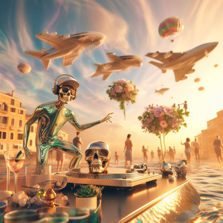 metallic alien dj with human skull, wearing glasses earphone dj of beach party in tropical island generative ai artの素材