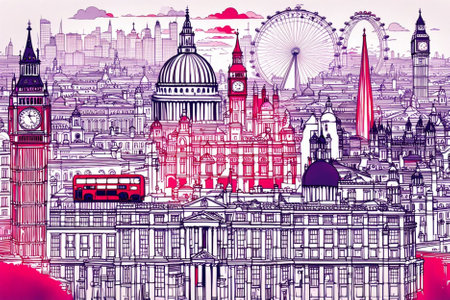 An intricate London city drawing featuring a cityscape dominated by a prominent clock tower, in blue red tones over white background, ai generatedの素材