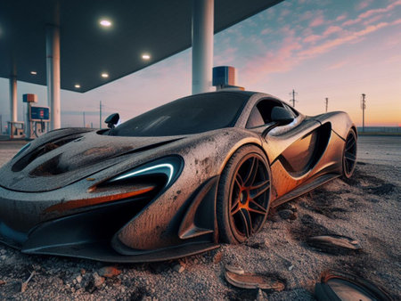Crashed abandoned rusty expensive atmospheric car as circulation banned for co2 emission 2030 agenda dystopian concept ai generatedの素材