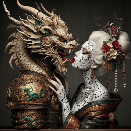 A tatooed woman geisha confronting a fierce male golden dragon snake, surreal art for chinese new year celebration, valentines or muertos halloween darl fantasy sceneAI generatedの素材