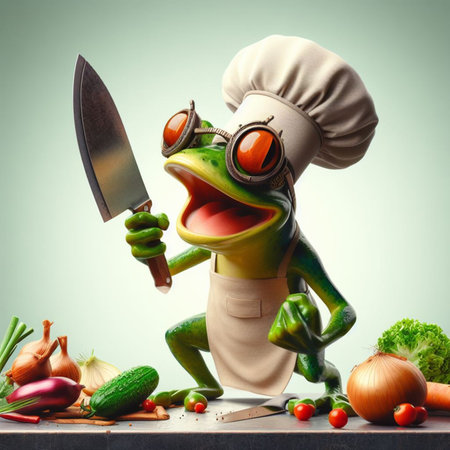 An animated frog character, adorned with a chefs hat and apron, is depicted with a jovial expression while expertly slicing ingredients for a flavorful dish.の素材