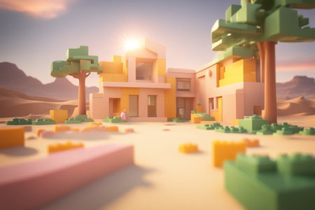 miniature setting of brick toy houses in a desert area ai generatedの写真素材