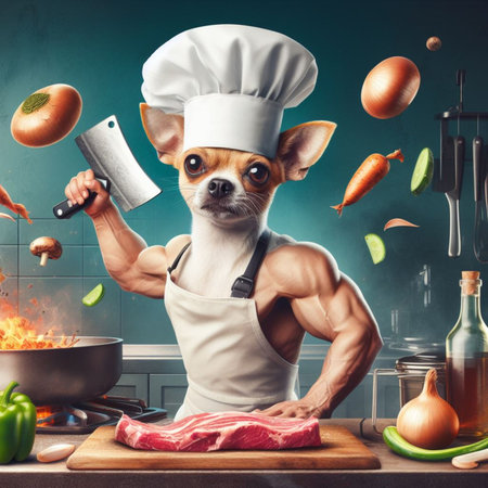 An animated chihuahua dog character, adorned with a chefs hat and apron, is depicted with a jstrong expression while expertly slicing ingredients for a flavorful dish.の素材