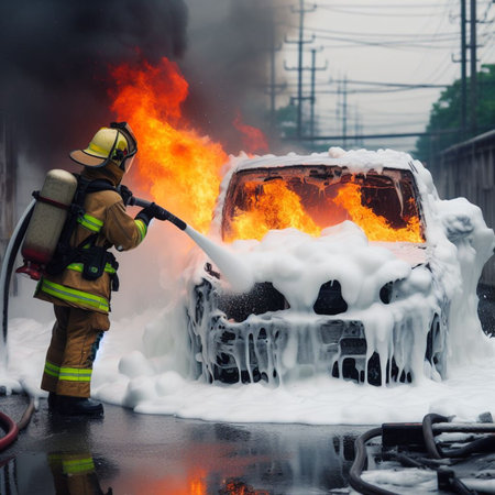 A firefighter in full gear uses a hose with chemical white foam to extinguish flames engulfing ev electric vehicle car amidst an urban landscape, with emergency response evident, ai generatedの素材