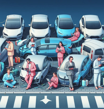 large crowd people, families, commuter, traveler wear pajama, sleep aside their EV, in electric charging station by night, while feed car batteries ai generatedの素材