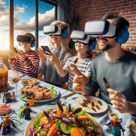 Modern futuristic quirky family dining experience served by domestic female robot butler, some wear virtual reality headsets, at home, ai generatedの素材