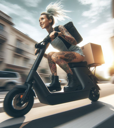 Fit young tatooed woman rides a skateboard deliver box pack securely strapped her back in city traffic AI generatedの素材