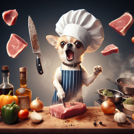 An animated chihuahua dog character, adorned with a chefs hat and apron, is depicted with a jstrong expression while expertly slicing ingredients for a flavorful dish.の素材