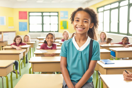 A young girl attentively sits at a desk in a classroom, ready to learn, to generateの素材
