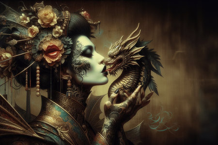A tatooed woman geisha confronting a fierce male golden dragon snake, surreal art for chinese new year celebration, valentines or muertos halloween darl fantasy sceneAI generatedの素材