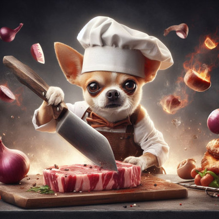 An animated chihuahua dog character, adorned with a chefs hat and apron, is depicted with a jstrong expression while expertly slicing ingredients for a flavorful dish.の素材