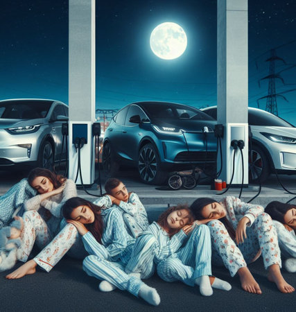 large crowd people, families, commuter, traveler wear pajama, sleep aside their EV, in electric charging station by night, while feed car batteries ai generatedの素材