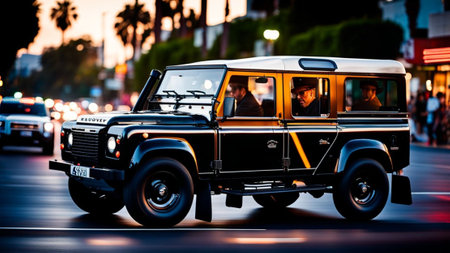 Classic-style retro vintage 4x4 english classic truck SUV Off-road capable SUV with roof lights on leaving dust trail as it speeds through the night AI GENERATEDの素材