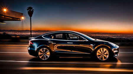 Performance Red fast luxurious ev Electric car four door sedan cruising through Los Angeles city, Sunset boulevard, in the evening with motion blur, AI Generatedの素材