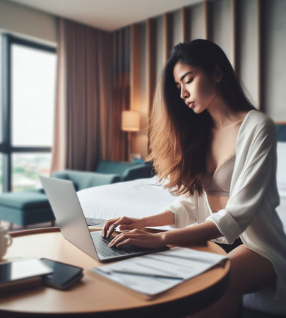 young boss manager trader woman remote work laptop luxury bedroom suite early morning panorama ai generative artの素材