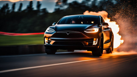 Performance Red fast luxurious ev Electric car four door sedan cruising through Los Angeles city, Sunset boulevard, in the evening with motion blur, AI Generatedの素材