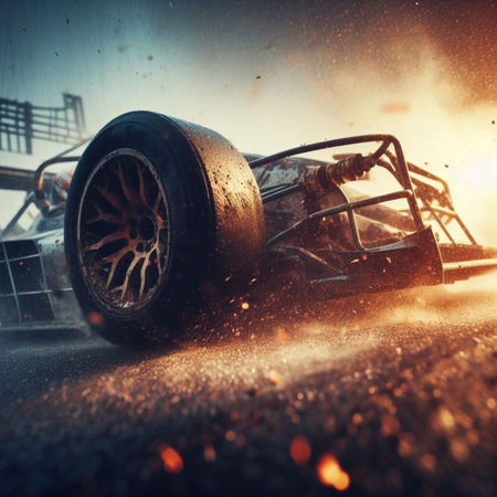 Racing car on the road in the rain at sunset time.の素材