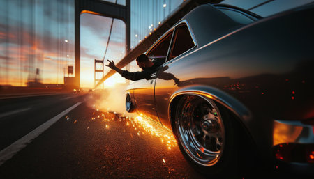 happy gangster hispanic man ride low rider speed custom vintage retro american car, sunset near bridge, drift burn ai generatedの素材