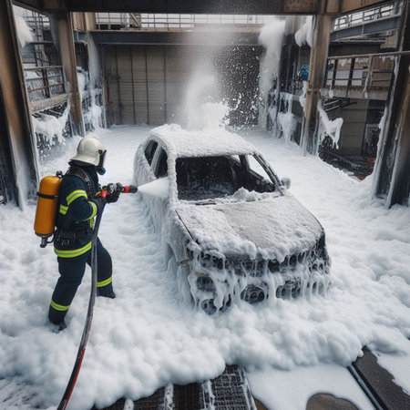 A firefighter in full gear uses a hose with chemical white foam to extinguish flames engulfing ev electric vehicle car amidst an urban landscape, with emergency response evident, ai generatedの素材