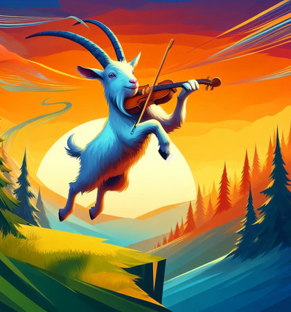 funny cartoonish goat jump dance choreography in mountain landscape at sunset digital illustration Ai generatedの素材