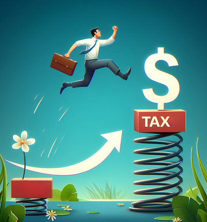 funny illustration depict a man fly jump tax or public service, tax evasion avoidance concept generatedの素材