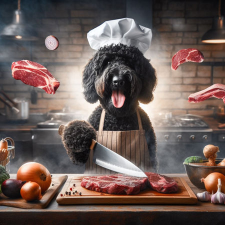 An animated black terrier dog character, adorned with a chefs hat and apron, is depicted with a jstrong expression while expertly slicing ingredients for a flavorful dish.の素材