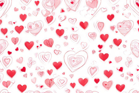 A vibrant painting of a heart in the center, surrounded by various colorful flowers and smaller hearts.の素材