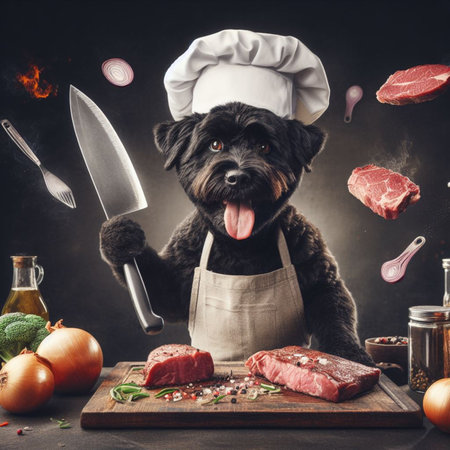 An animated black terrier dog character, adorned with a chefs hat and apron, is depicted with a jstrong expression while expertly slicing ingredients for a flavorful dish.の素材