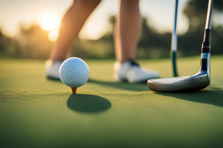 A golf ball sits atop a verdant green field, ready for a satisfying swing to generateの素材
