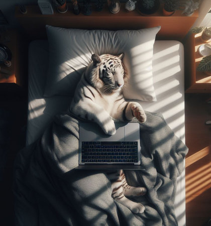 A white bengal tiger puppy sleeps on a laptop keyboard, illustrate the coziness of technology and pet ai generatedの素材