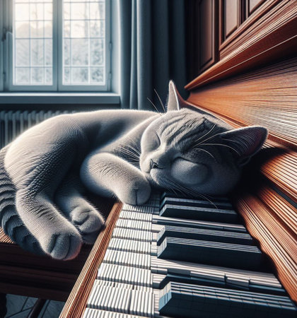 A peaceful cat sleeps on the keys of a piano in a warmly lit indoor setting, AI generatedの素材