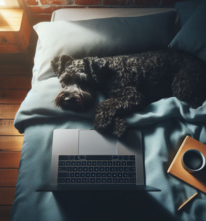 A fluffy tender puppy sleeps on a laptop keyboard in the gentle morning light, AI generatedの素材