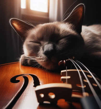 A peaceful cat sleeps over a classic violin in a warmly lit indoor setting, AI generatedの素材