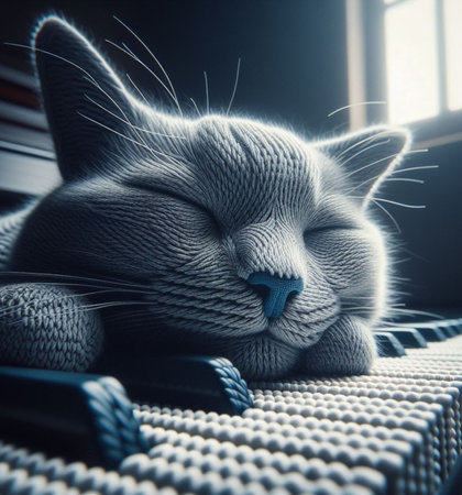 A peaceful cat sleeps on the keys of a piano in a warmly lit indoor setting, AI generatedの素材