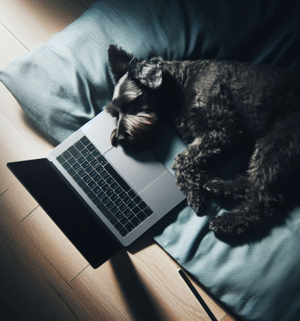 A fluffy tender puppy sleeps on a laptop keyboard in the gentle morning light, AI generatedの素材