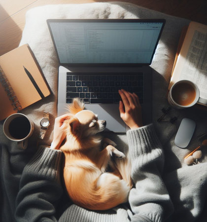 A fluffy tender puppy sleeps on a laptop keyboard in the gentle morning light, AI generatedの素材