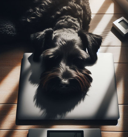 A fluffy tender puppy sleeps on a laptop keyboard in the gentle morning light, AI generatedの素材