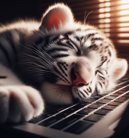 A funny tender bengal tiger cub rests serenely on a wooden violin bathed in soft light, AI generatedの素材