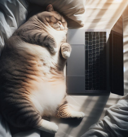 big fat cat sleep over laptop and desk at home a sunny morning funny humorous illustration AI generatedの素材