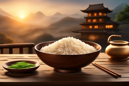 A Bowl Filled With hot Rice over wooden rustic table, terrace face scenic asian mountain panoramaの写真素材