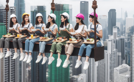 illustration depic group of woman lunch atop skyscaper , international woman day march 8th festivity AI art generatedの素材