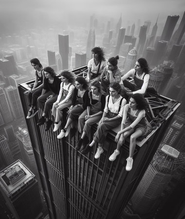 illustration depic group of woman lunch atop skyscaper , international woman day march 8th festivity ai art generatedの素材