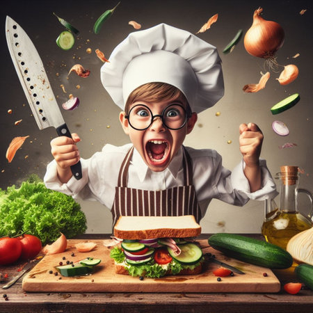 A cheerful young child pretending to be a chef enthusiastically holds a spatula and a kitchen knife surrounded by colorful fresh vegetables.の素材
