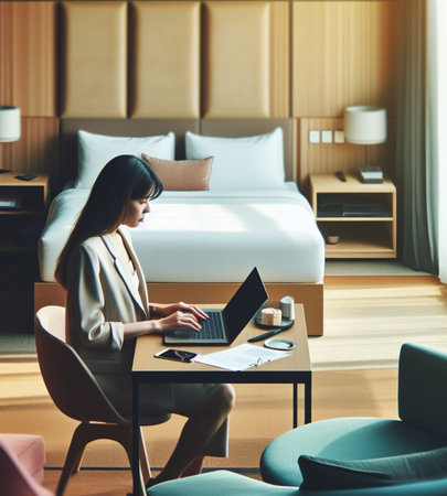 young boss manager trader woman remote work laptop luxury bedroom suite early morning panorama ai generative artの素材