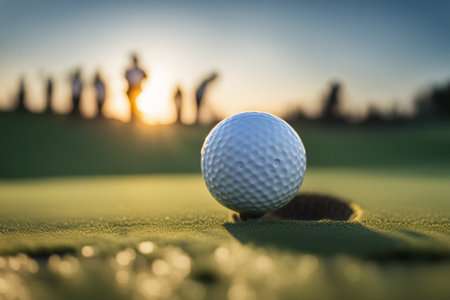 A golf ball sits atop a verdant green field, ready for a satisfying swing to generateの素材