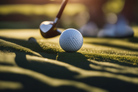 A golf ball sits atop a verdant green field, ready for a satisfying swing to generateの素材
