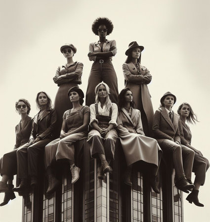 illustration depic group of woman lunch atop skyscaper , international woman day march 8th festivity ai art generatedの素材